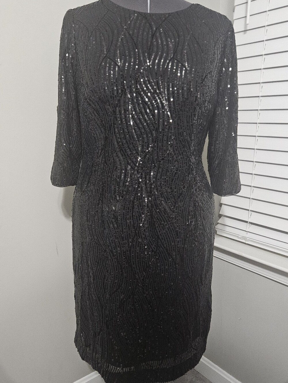 Black Sequin Sheath Dress with Three-Quarter Sleeves